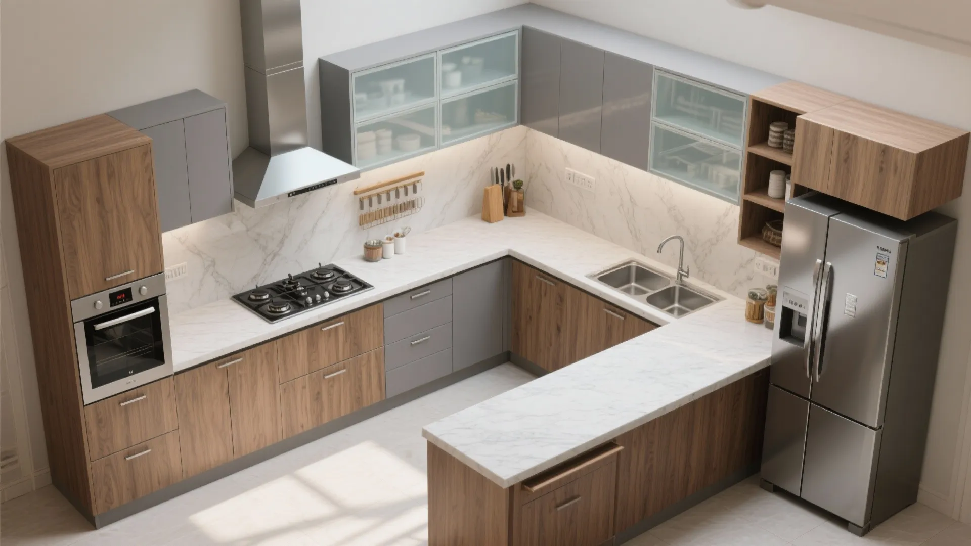 Parallel or L-shaped modular kitchen for Indian cooking