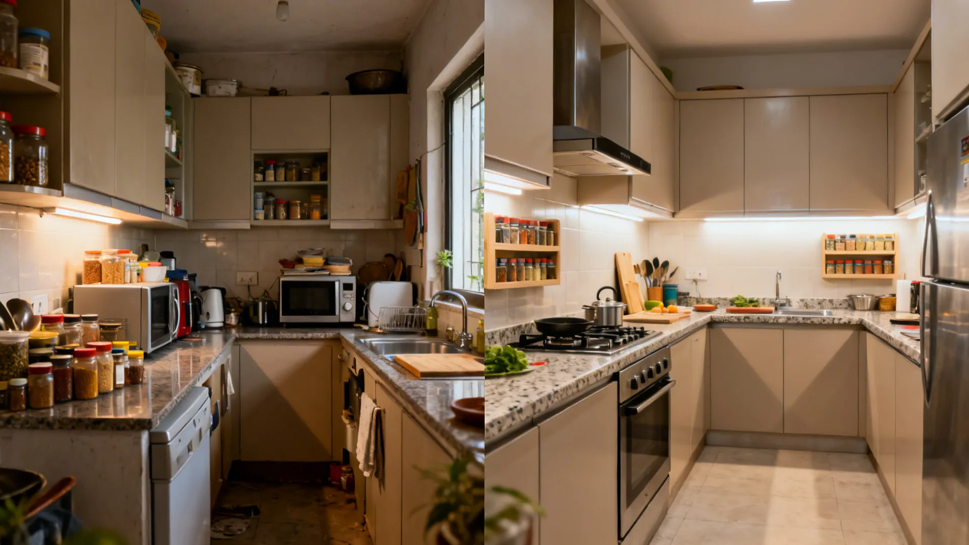 Before-and-after of a small Indian kitchen from cluttered layout to optimized work triangle.