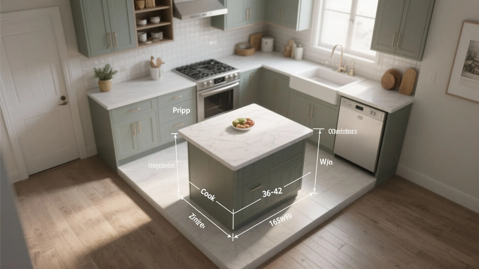Top-down diagram of a small kitchen indicating island clearance and zone layout.