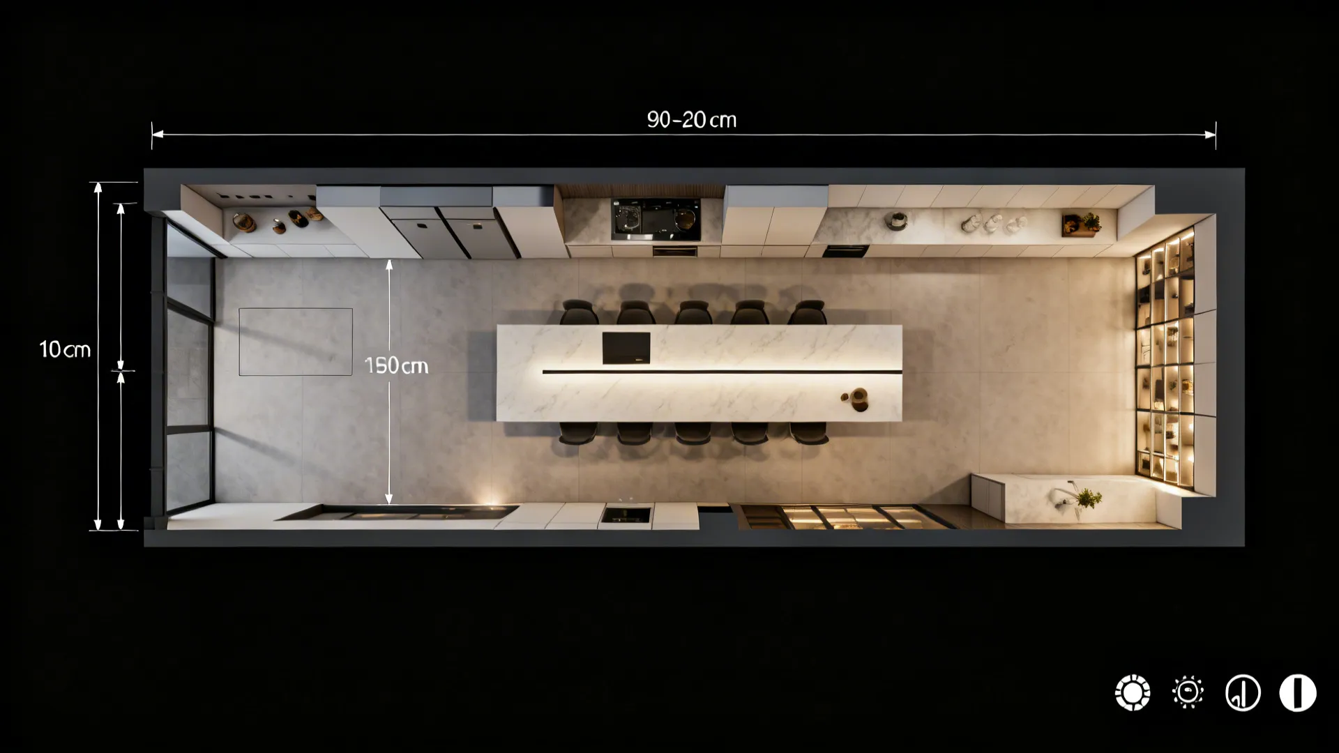 Top-down kitchen layout illustrating clearances, island placement and continuous countertop for small space planning.