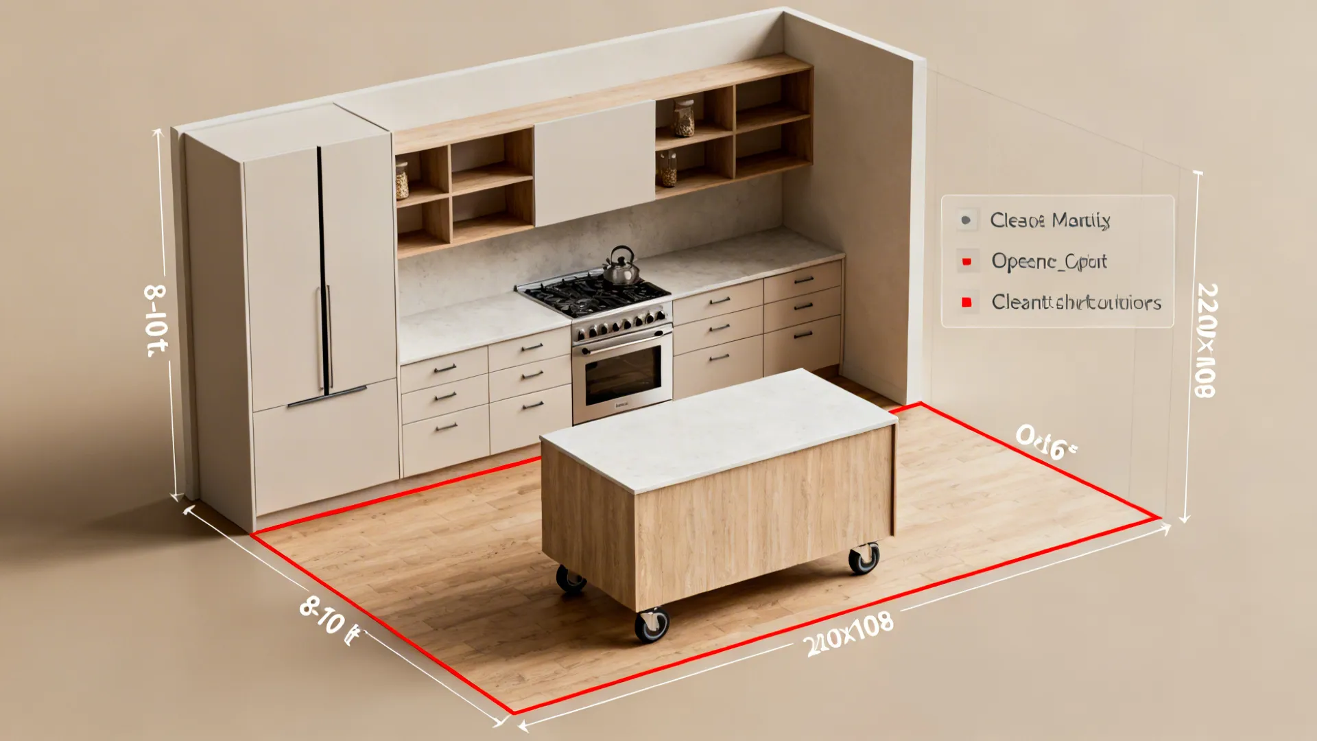 Top-down schematic of an 8–10 ft kitchen with suggested modular component placements