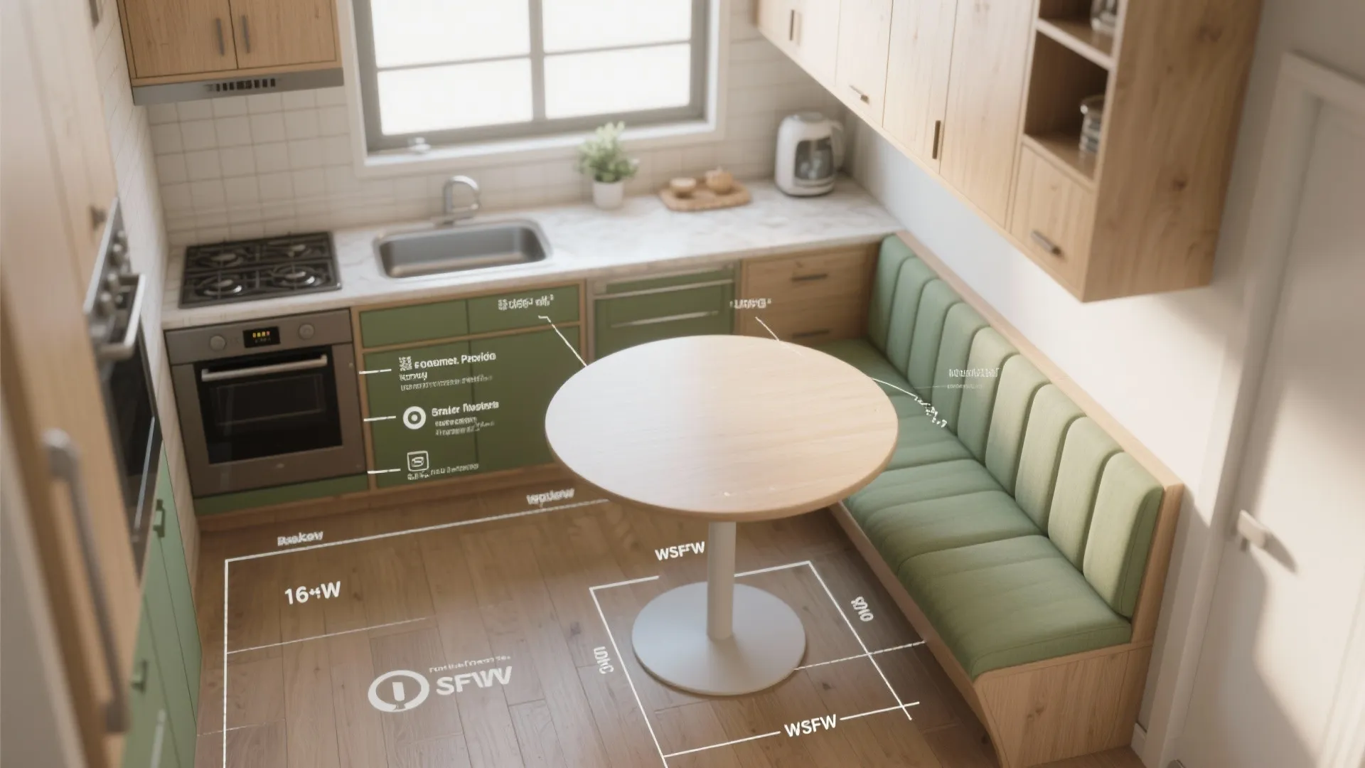 Small kitchen layout showing circulation zones, table placement options and comfortable clearances