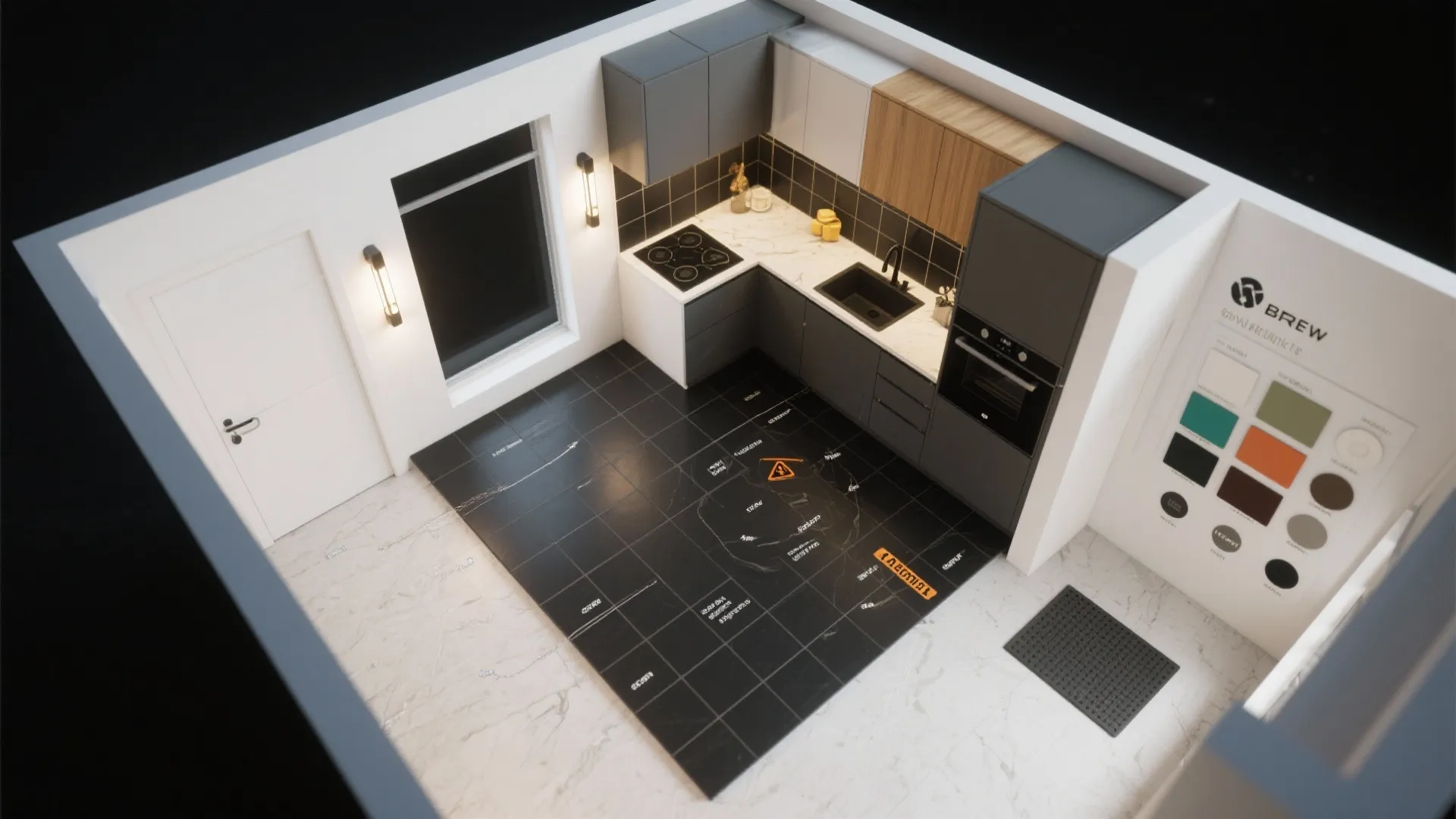 Top-down sketch-style kitchen layout showing black tile zoning, lighting and material swatches.