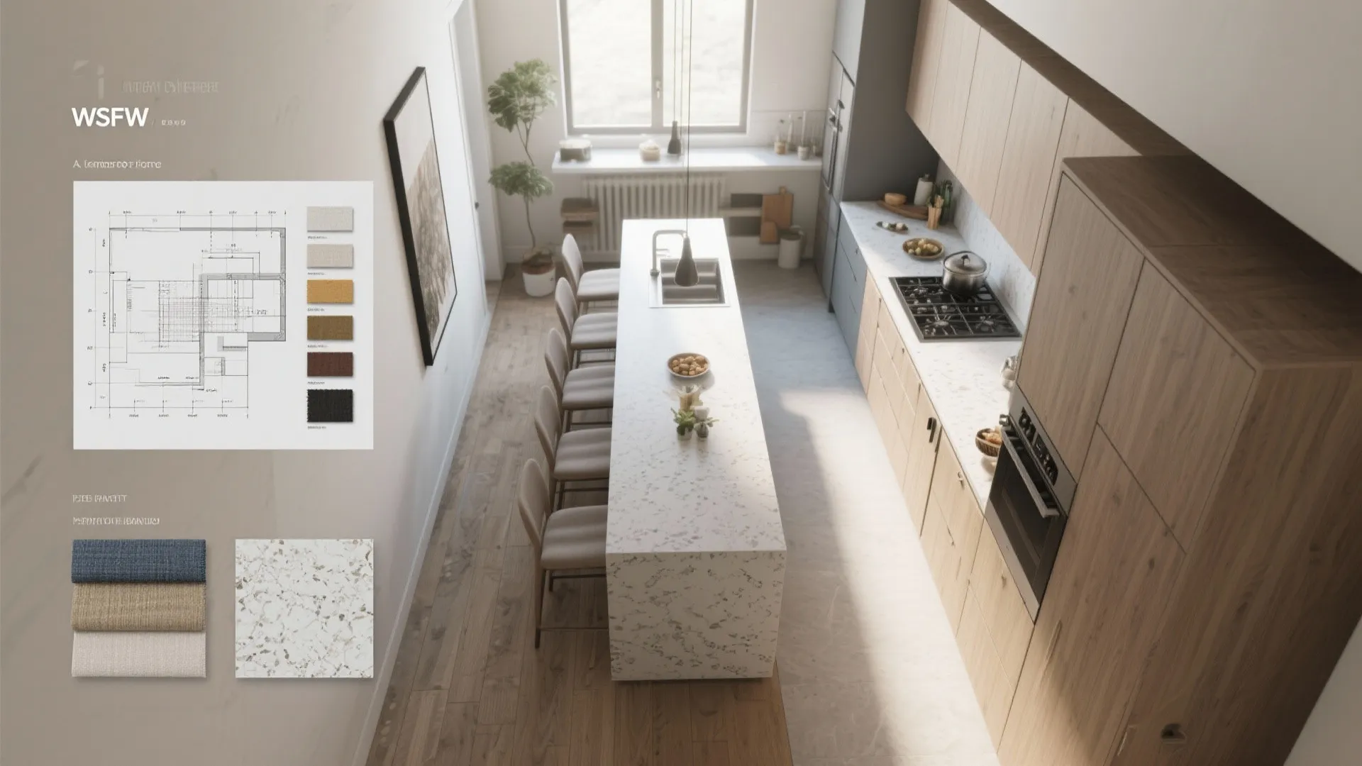 Top-down kitchen layout with peninsula and material swatches for durable countertops and UV-stable finishes.