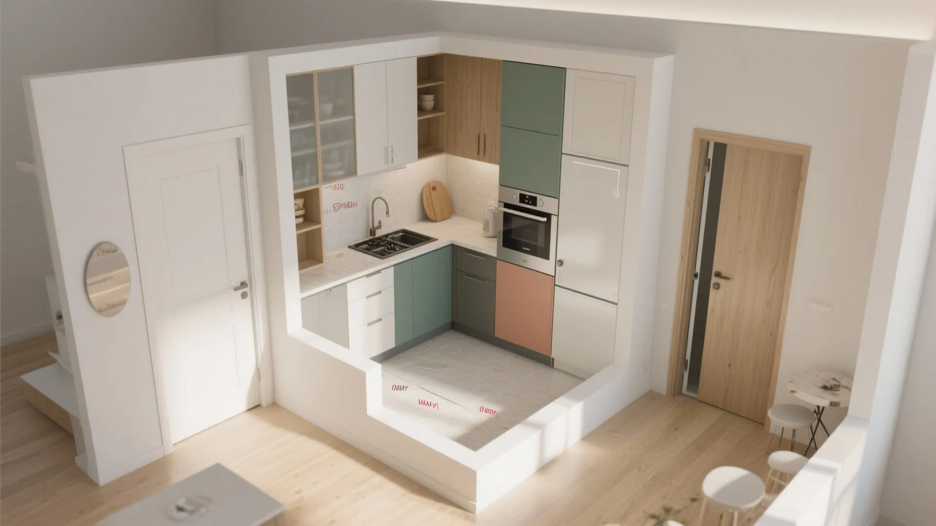 Modern U-shaped kitchen interior design drawing with colorful cabinets and oven and light wooden flooring