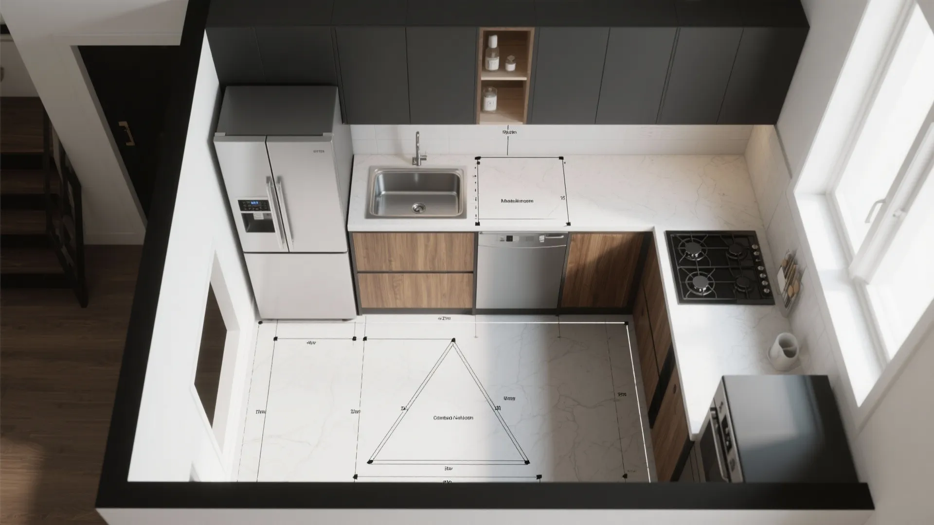 Top view interior design drawing of a kitchen layout showing appliances and workspace triangle dimensions