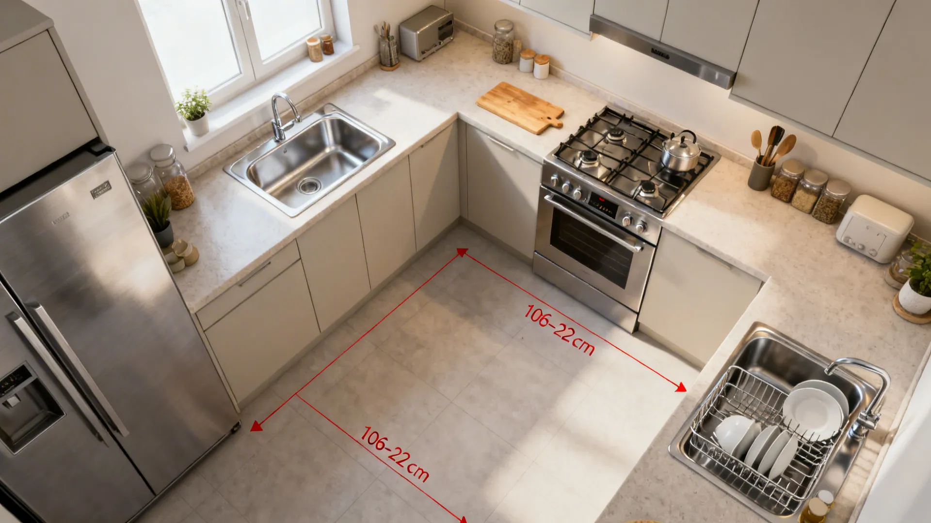 Top-down view of a compact kitchen showing efficient work zones and clear aisle space.