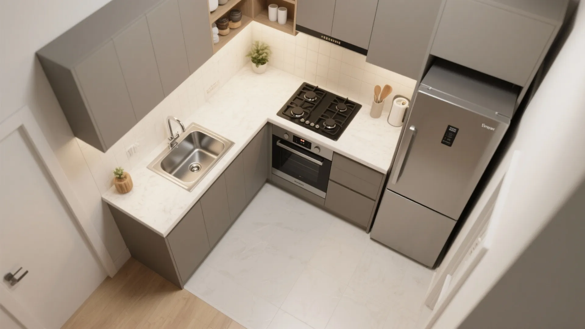 Top-down view of a small grey kitchen layout including a sink stove oven and refrigerator