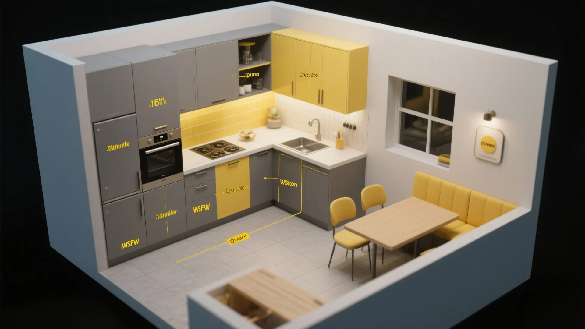 Interior design drawing of small kitchen layout with grey and yellow cabinets and dining table