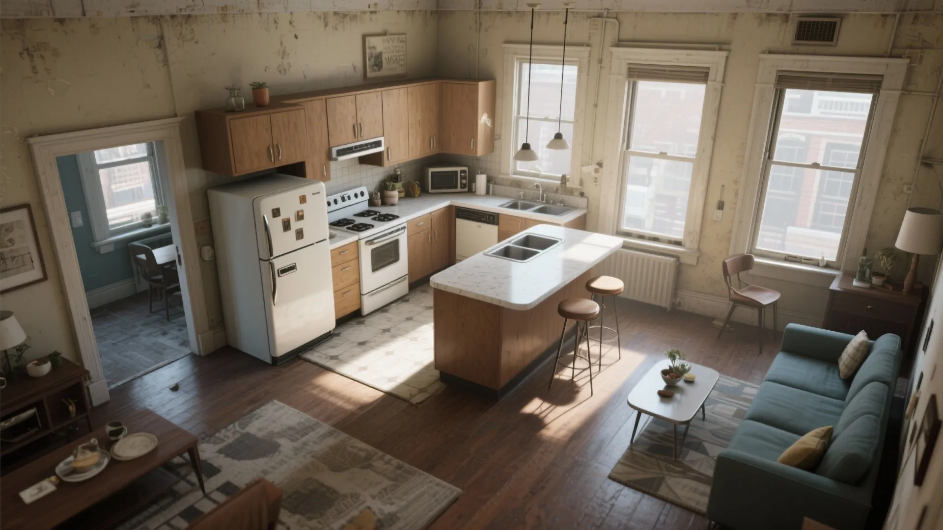 Top-down visualization of a rotated-appliance open-plan kitchen showing better flow without wall removal.