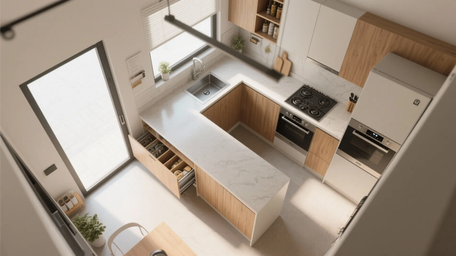 Top-down view of compact galley and L-shaped kitchen layouts with pull-out pantry