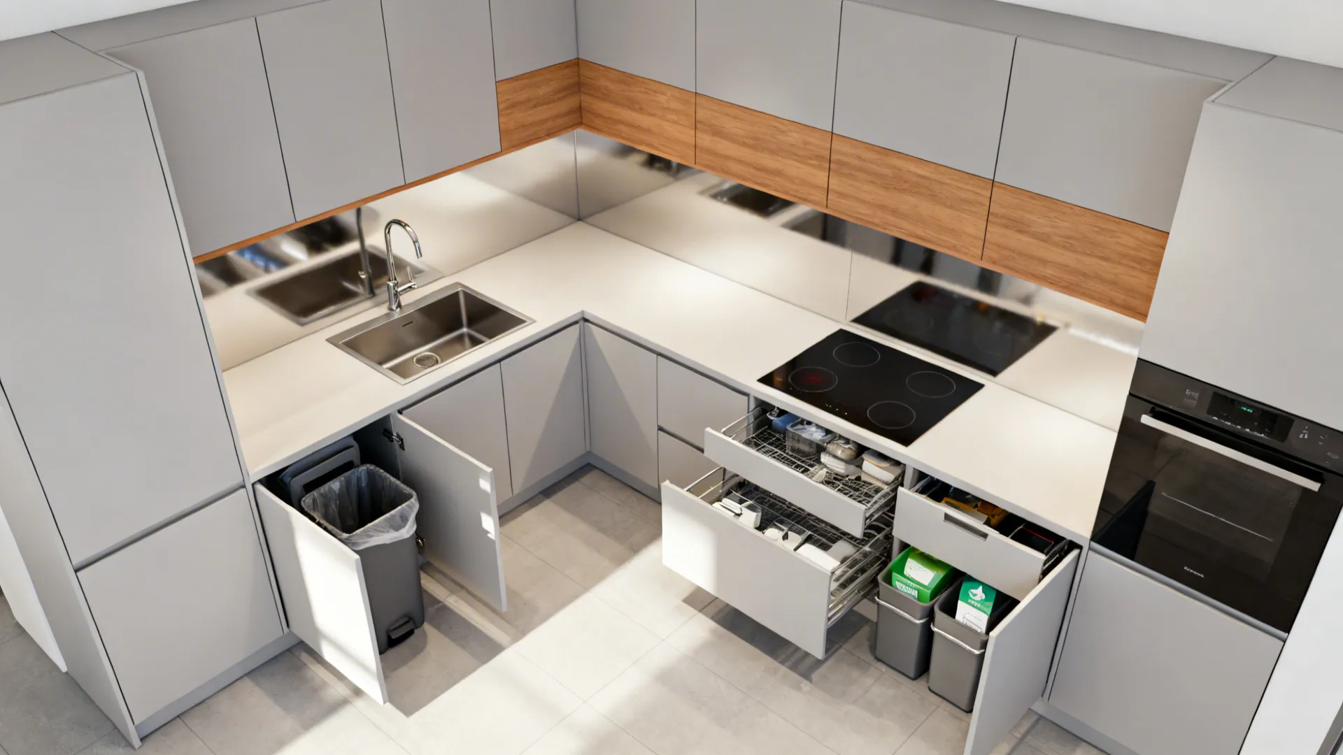 Top-down L-shaped kitchen layout showing prep, cook, and clean zones with open doors and drawers to check clearances.
