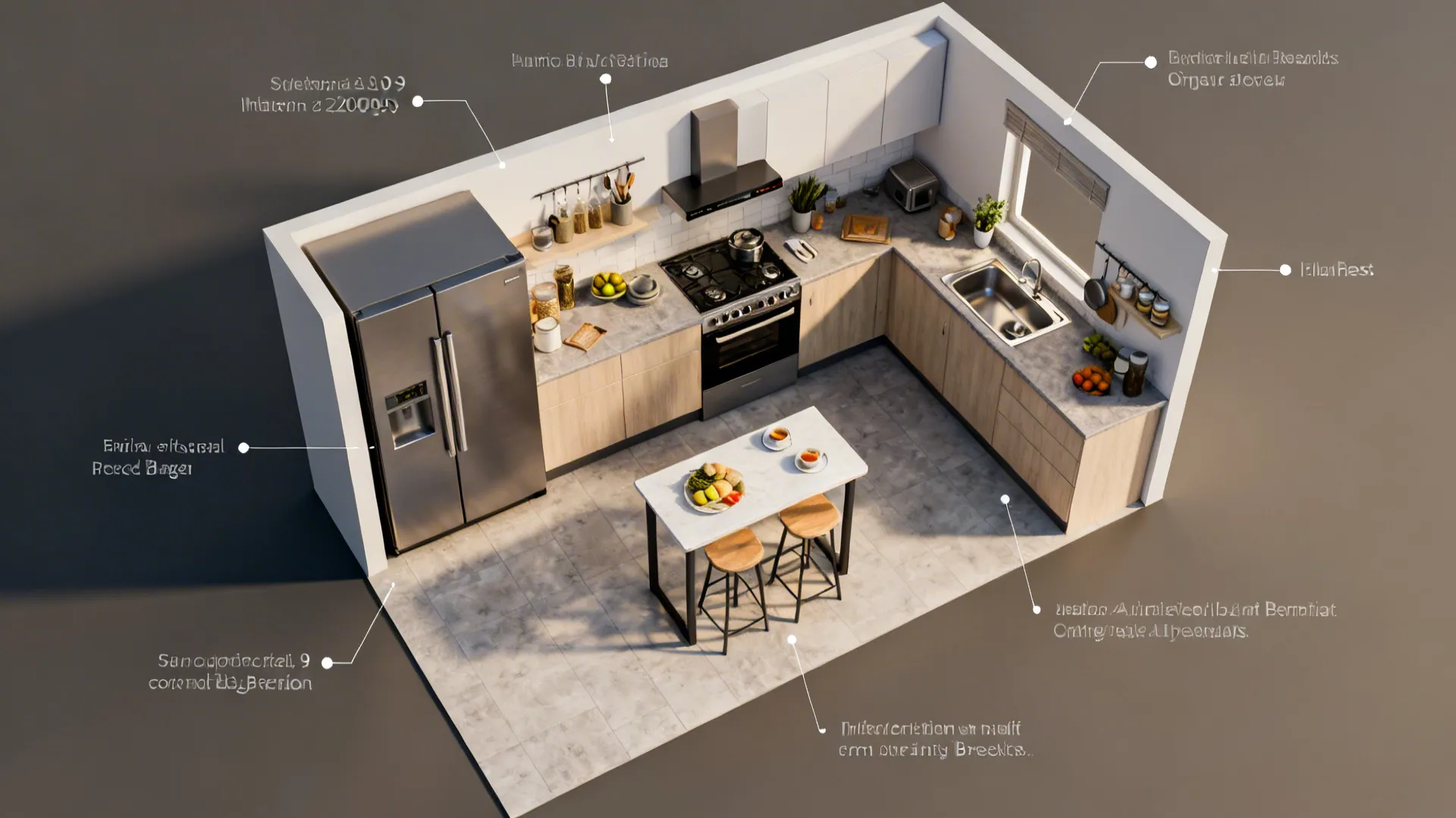 Top-down view of a compact kitchen layout showing optimized appliance placement for an efficient work triangle