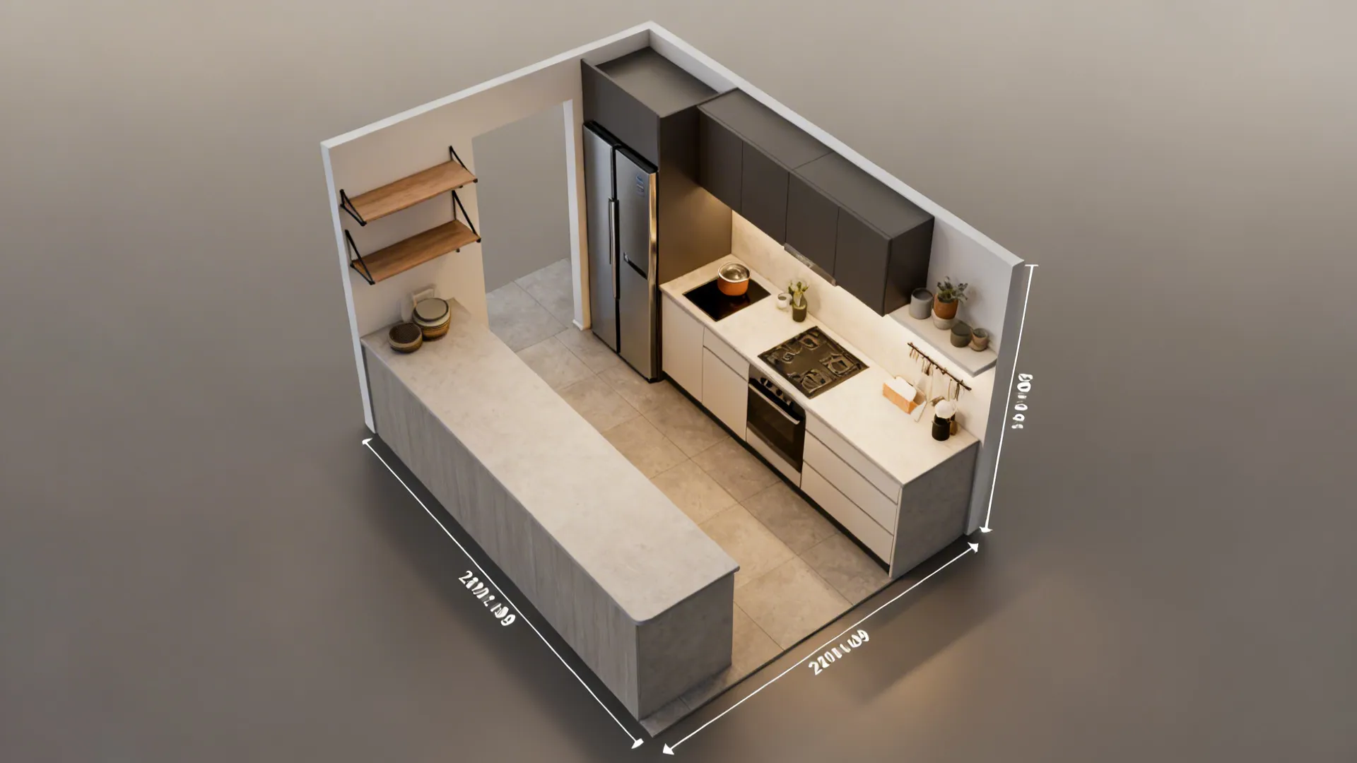 Top-down floorplan visualization of a small galley kitchen with continuous counter, slim fridge and fold-down shelf.