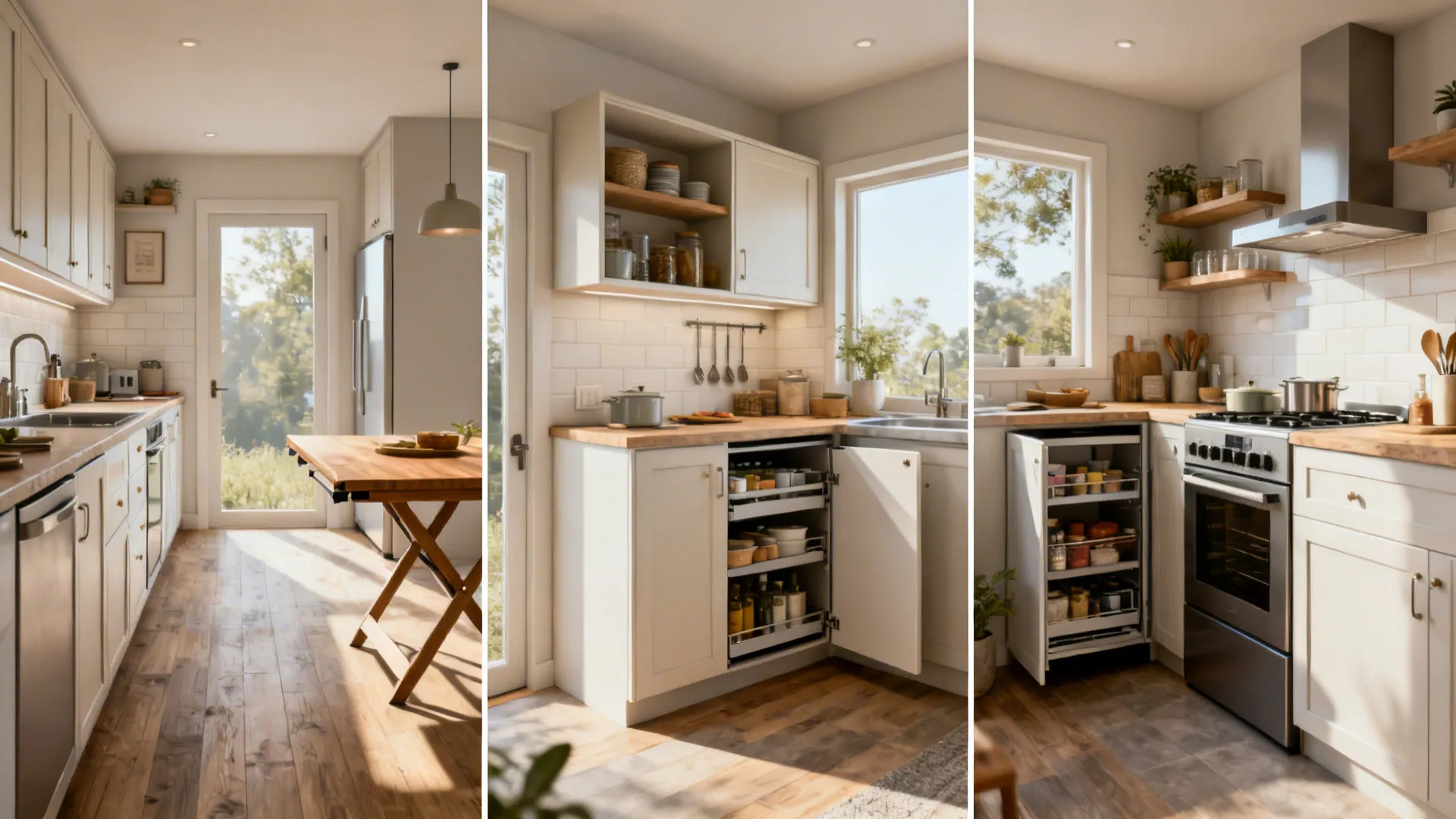 Montage of small kitchen layout options including galley, single-wall with fold-down table, and corner pull-out pantry