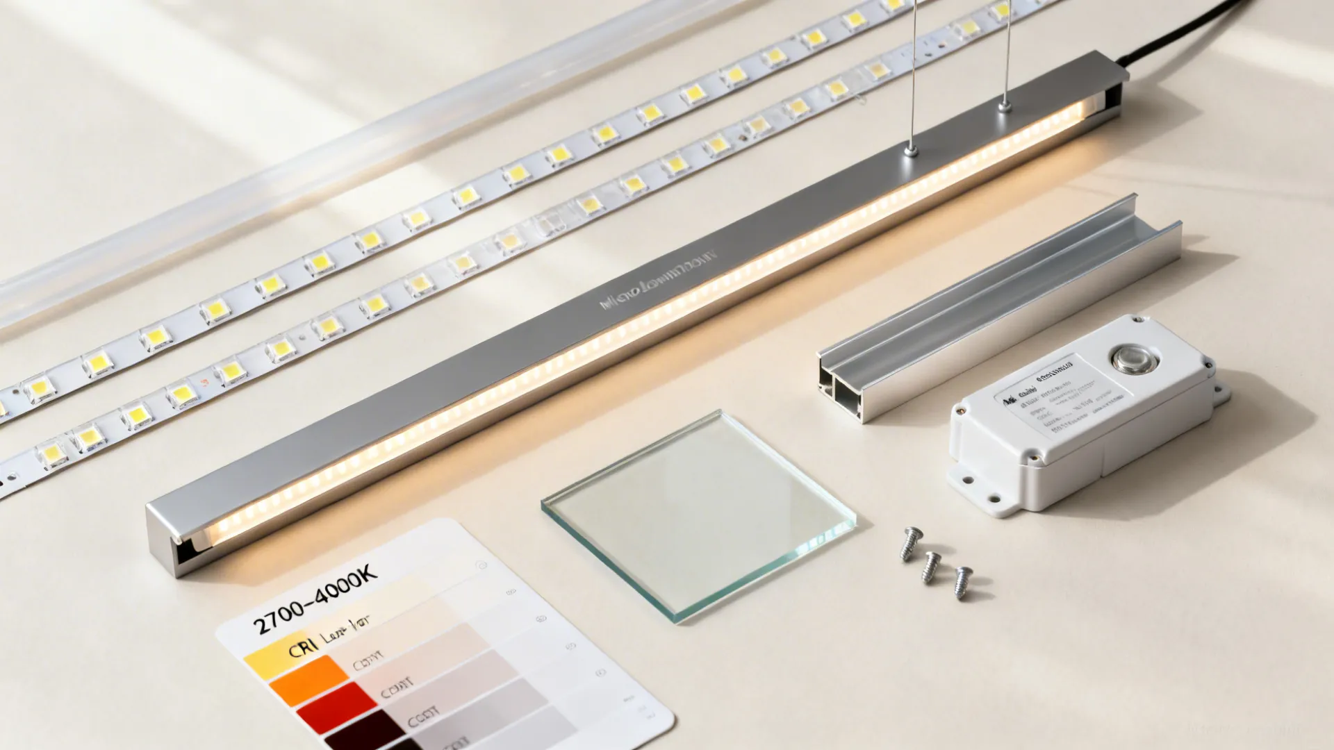 Top-down flat lay of LED strips, micro-downlights, linear pendant sample, diffusers, channels, sensors, and CCT swatches.