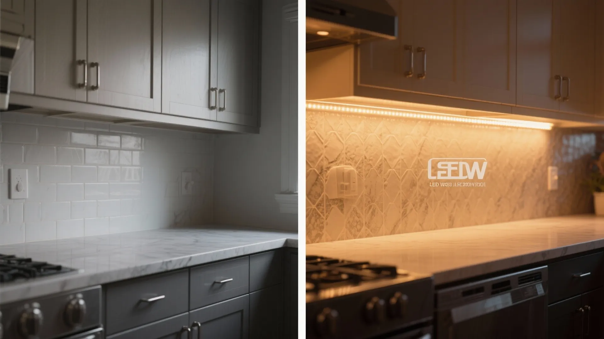 Before and after comparison of kitchen cabinets with and without warm LED strip lights installed