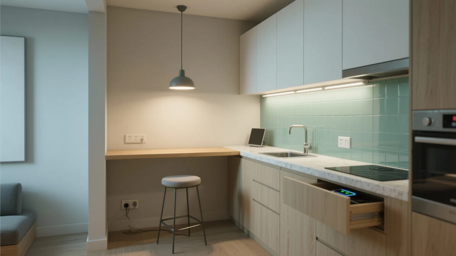 L-Shaped Kitchen with a Breakfast Ledge That Doubles as a Workstation