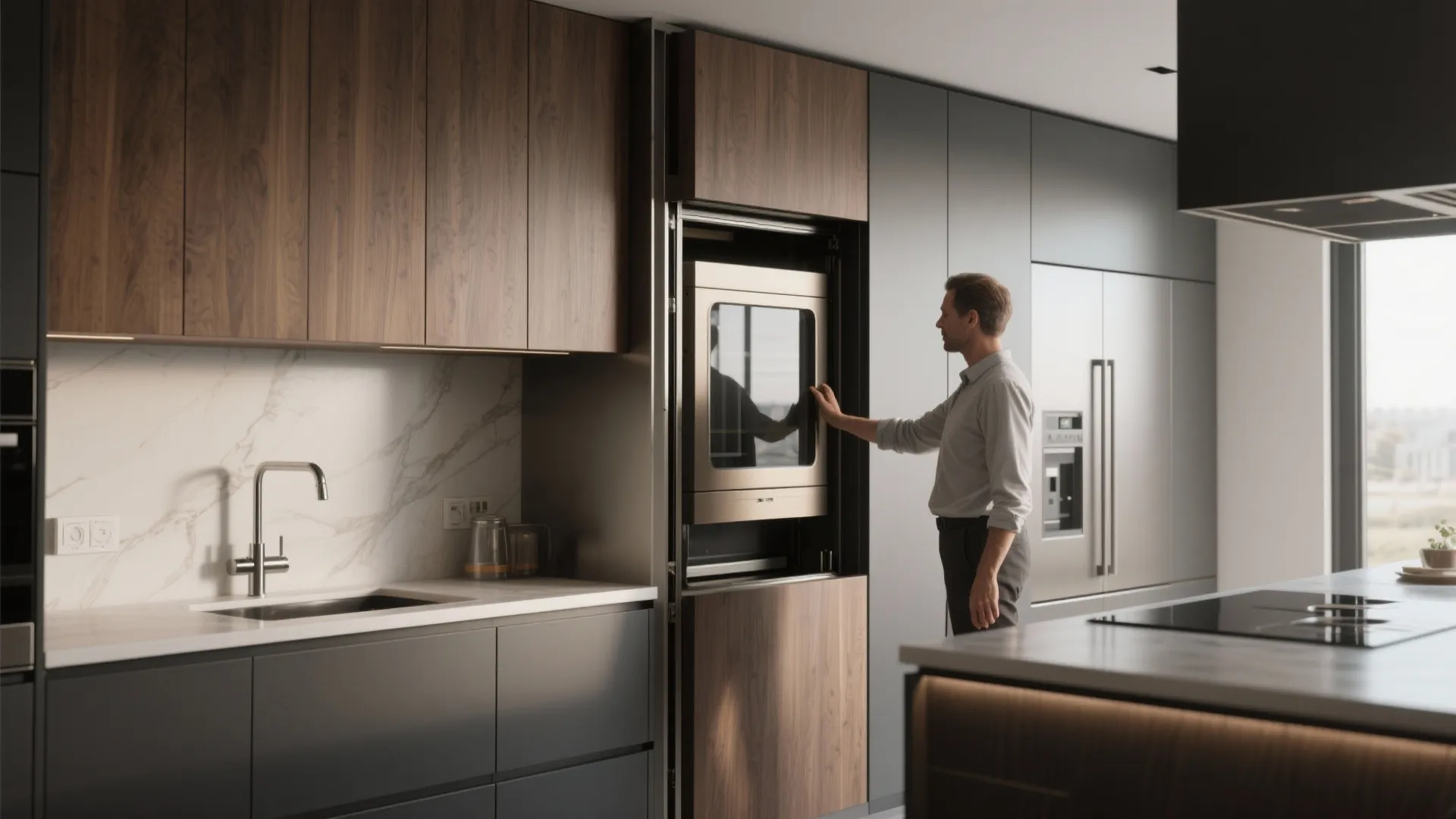 Modern kitchen with wood cabinets and man using a built in automatic hidden appliance lift
