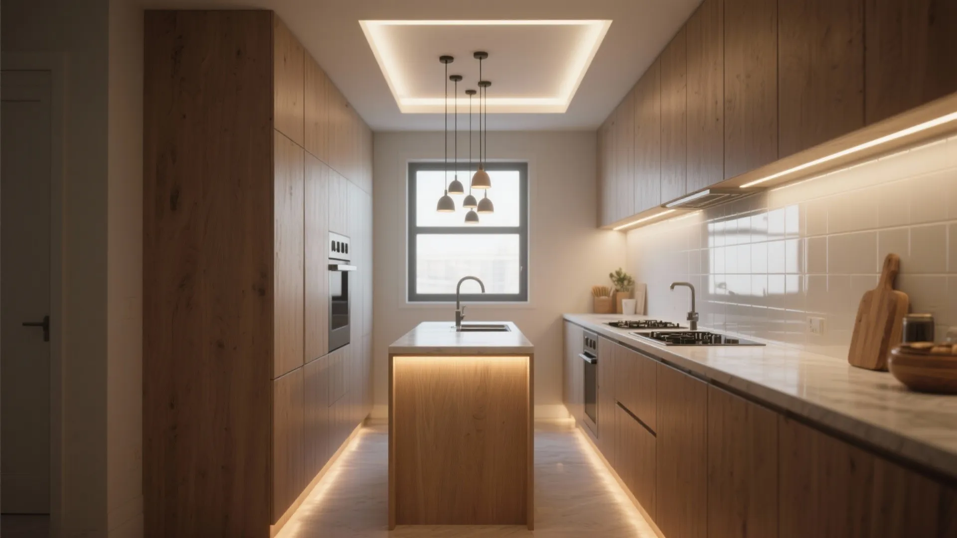 Small kitchen layout with wooden cabinets island sink ceiling light and warm hidden led strip lighting