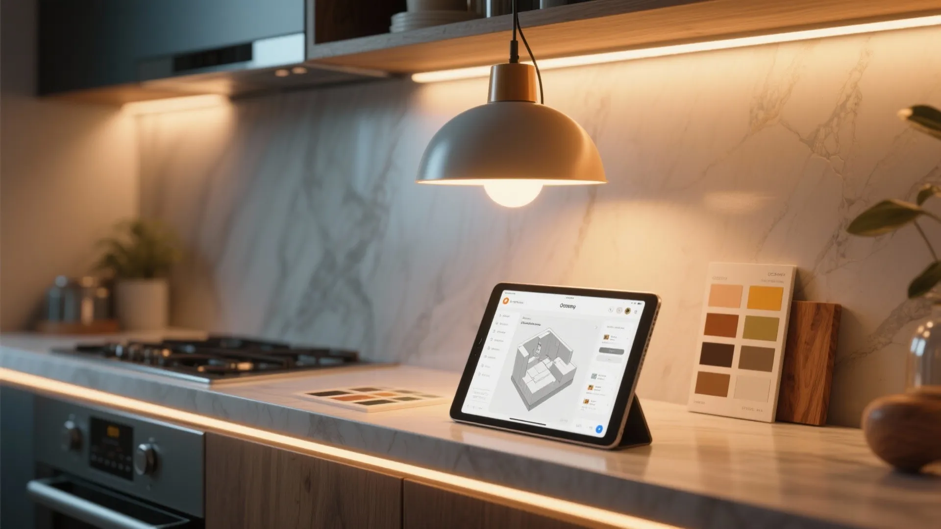Tablet showing interior design drawing on kitchen counter under warm ceiling light and wall light