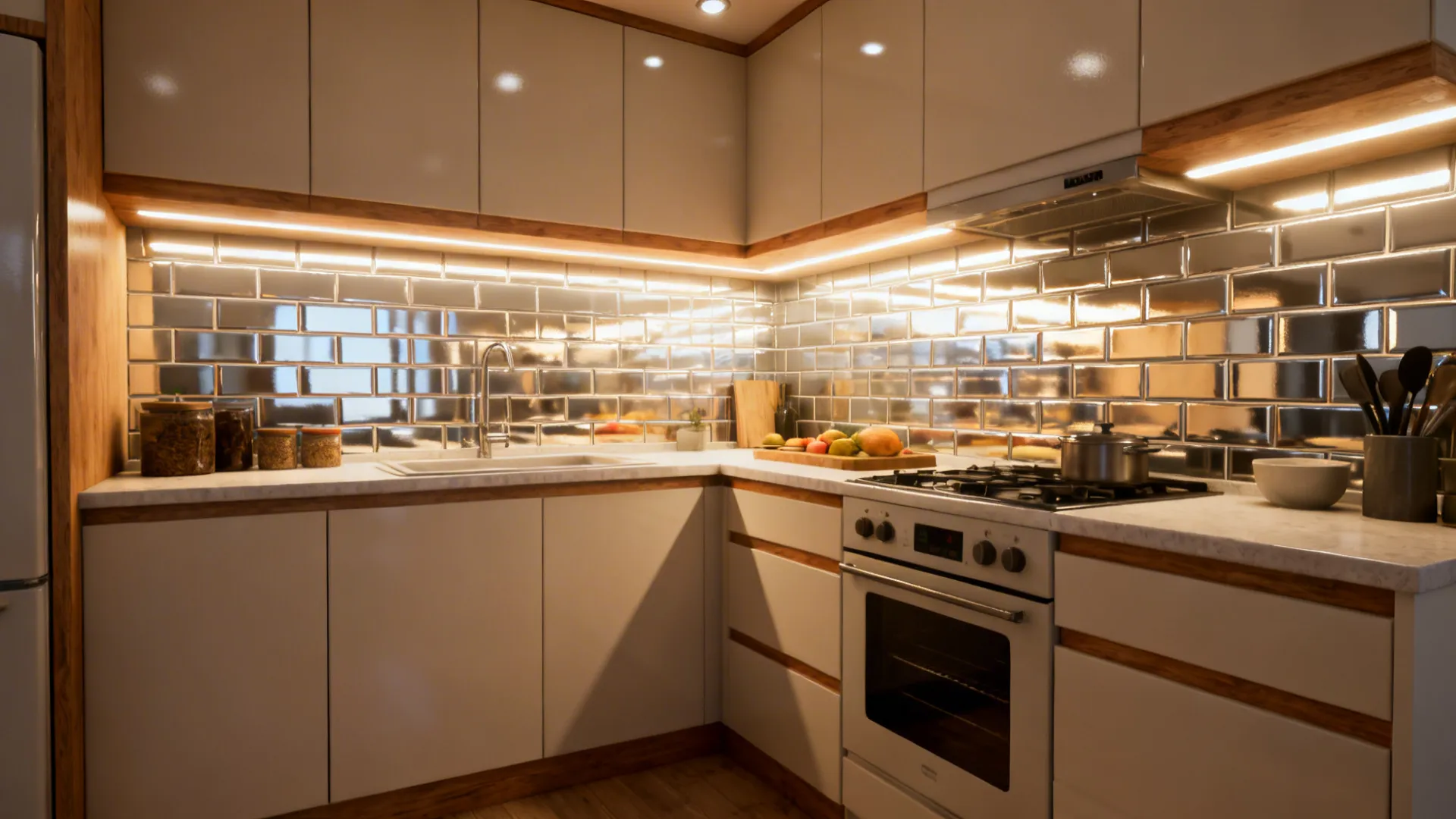 Modern kitchen with white cabinets, wood trim, warm light fixtures, and reflective silver brick walls