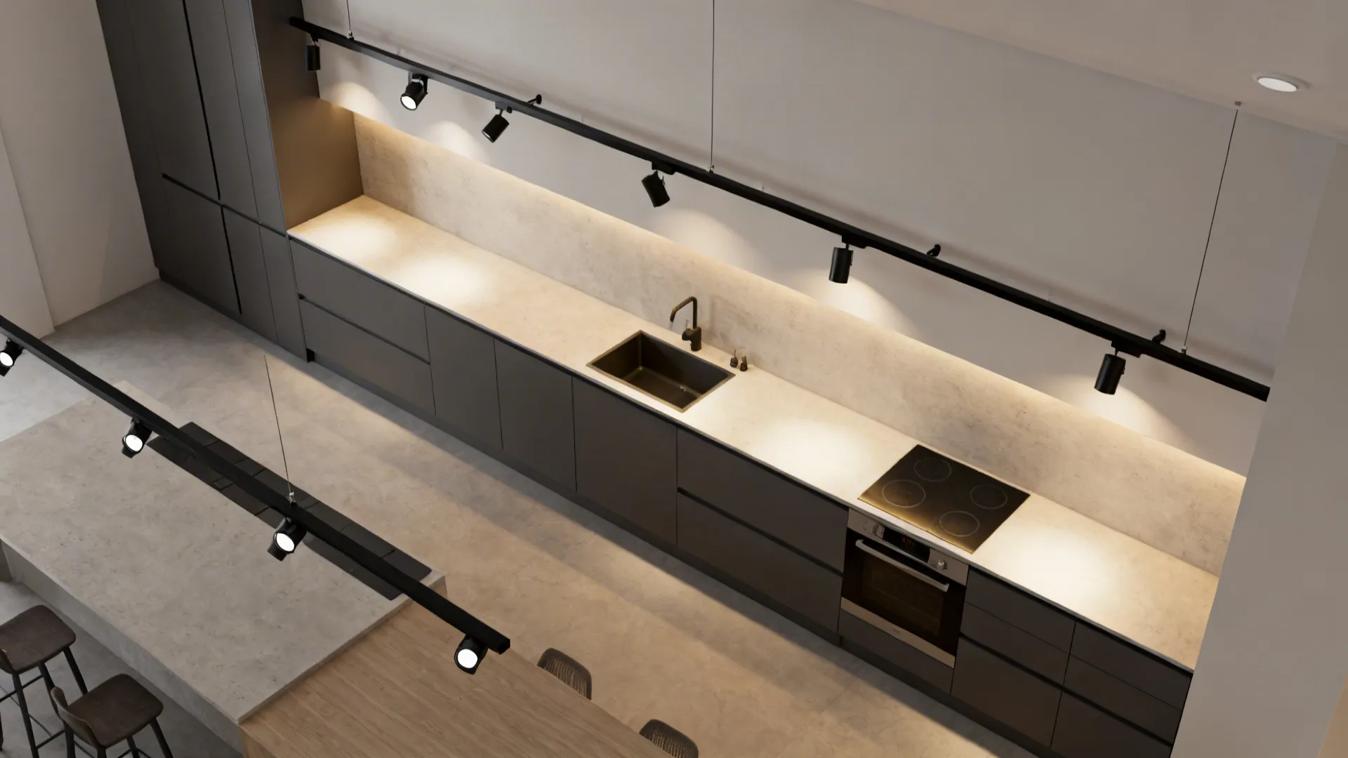 Top-down kitchen visualization showing track placement, beam aiming, and recommended ambient and task lux levels.