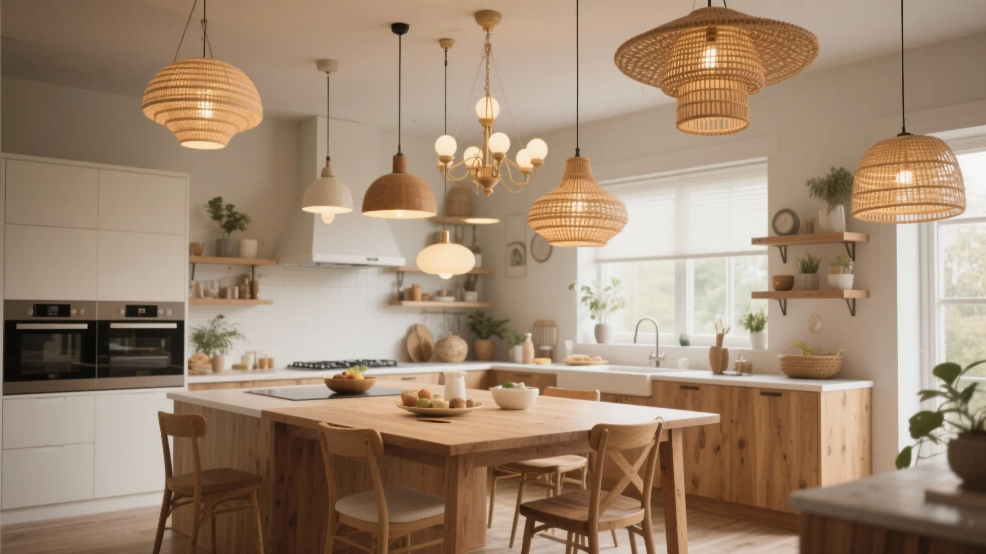Modern kitchen with wooden cabinets and island featuring various hanging woven and gold ceiling lights