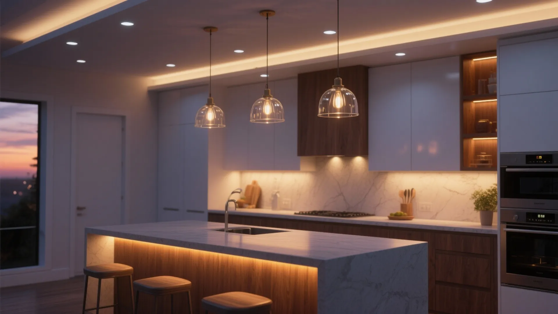 5. Lighting layers: pendants, under-cabinet, and mood