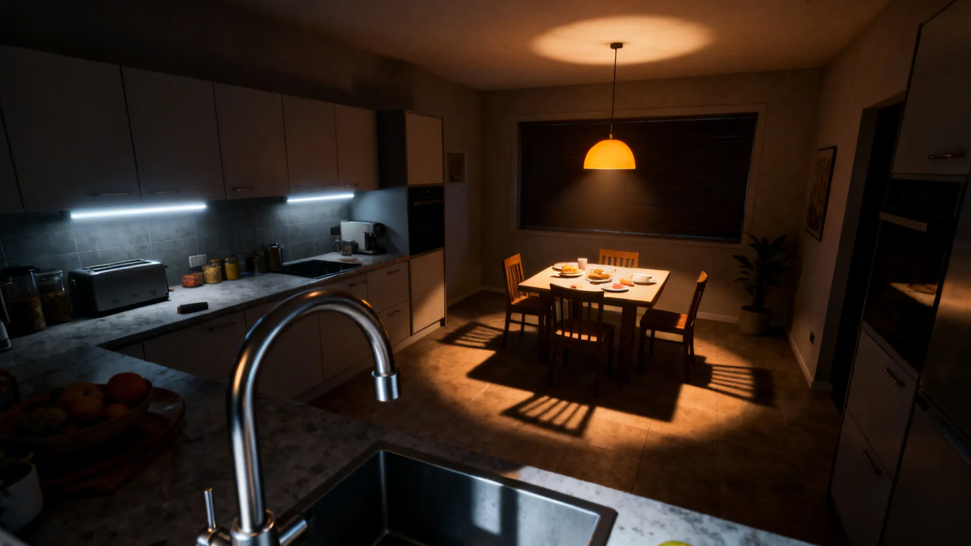 Top-down view of layered kitchen lighting including under-cabinet LEDs and a warm pendant