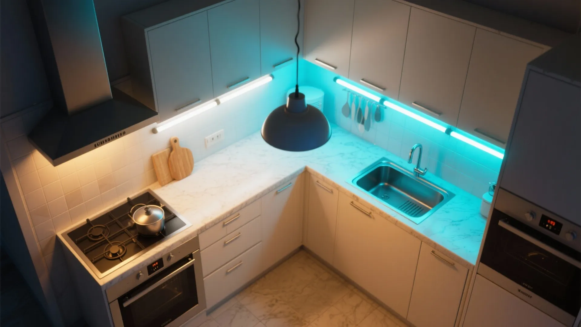 Top view of kitchen with blue light strips under cabinets black ceiling light and white marble