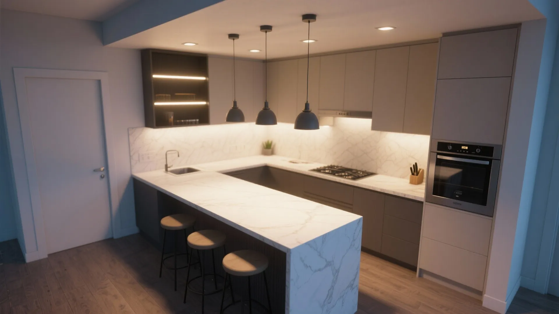 Top-down visualization of layered kitchen lighting: pendants, under-cabinet lights, and recessed fixtures.