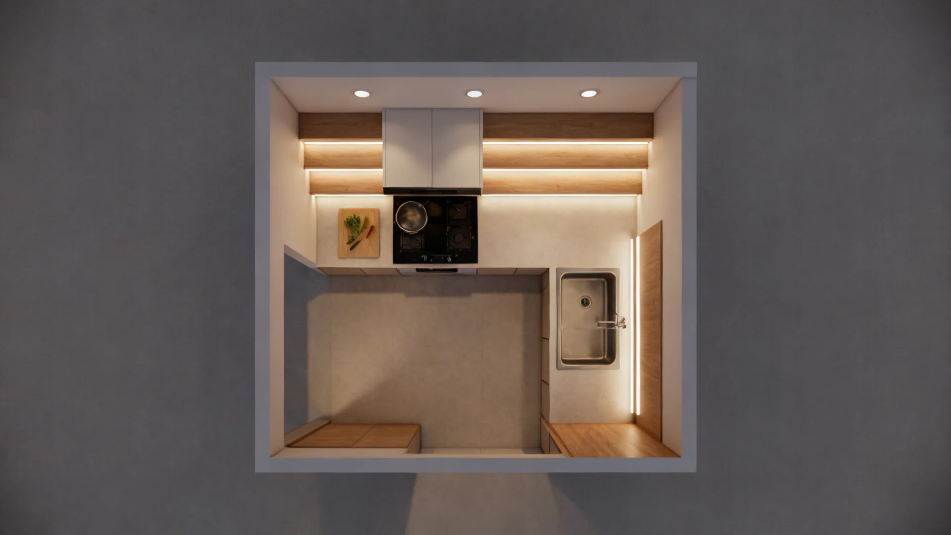 Top-down small kitchen lighting plan showing ambient, task, and accent layers.