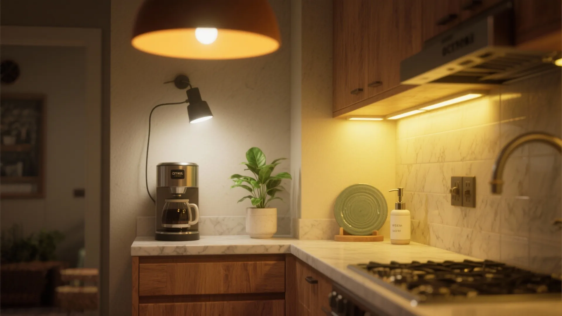 Modern kitchen corner with coffee machine small plant and warm orange ceiling light over counter