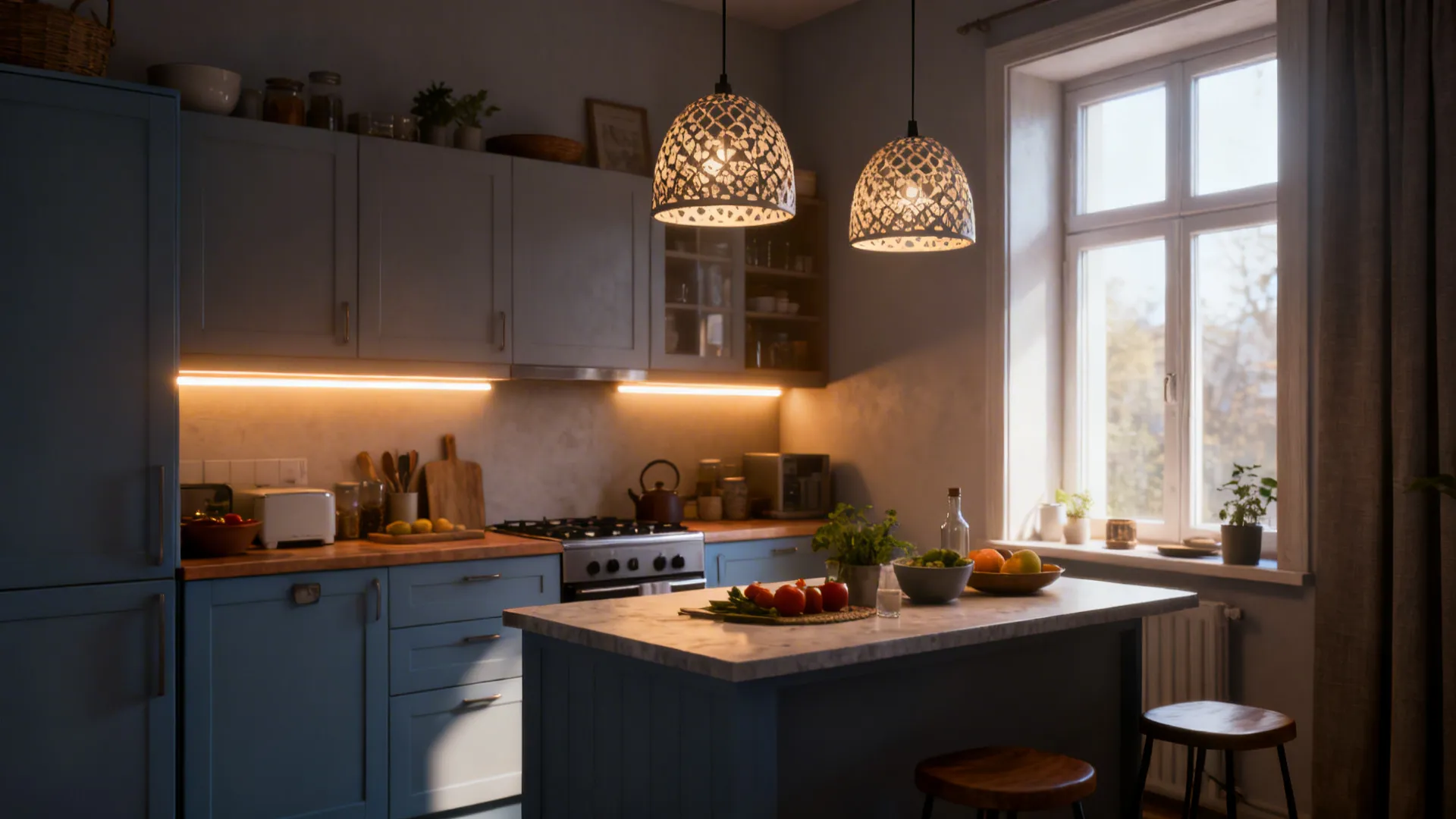 Small kitchen with pendant lights and under-cabinet LED strips creating layered lighting.