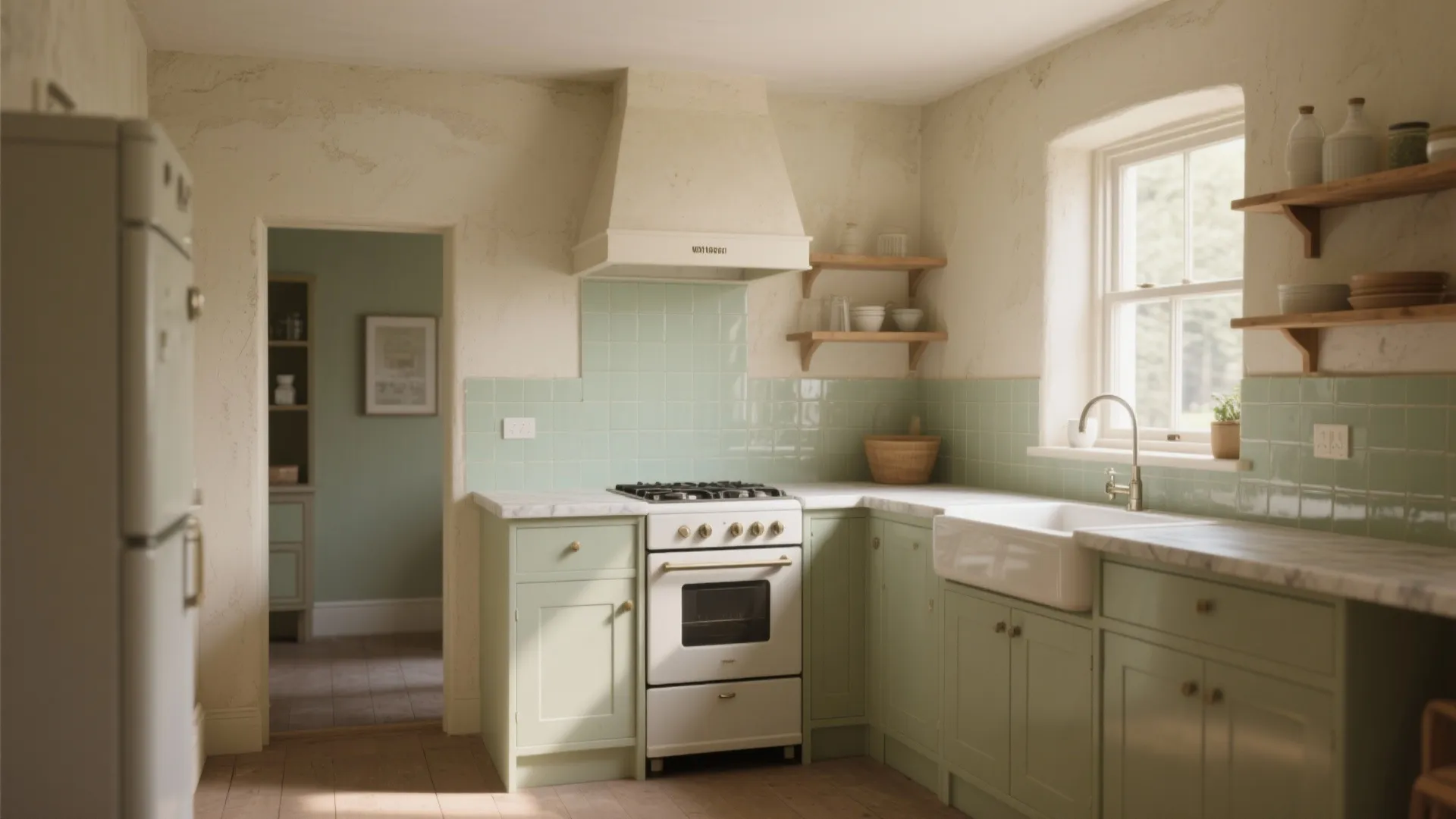 Compact kitchen showing limewashed walls with tiled splash area and sealed countertops for protection.