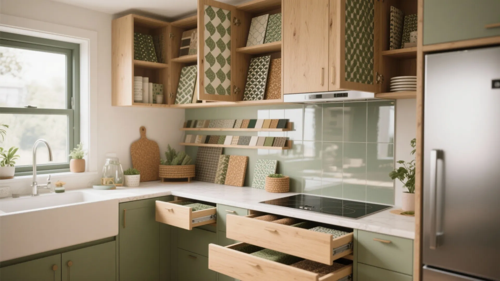 Modern green kitchen with wooden cabinets showing various patterned shelf liners inside drawers and cupboards