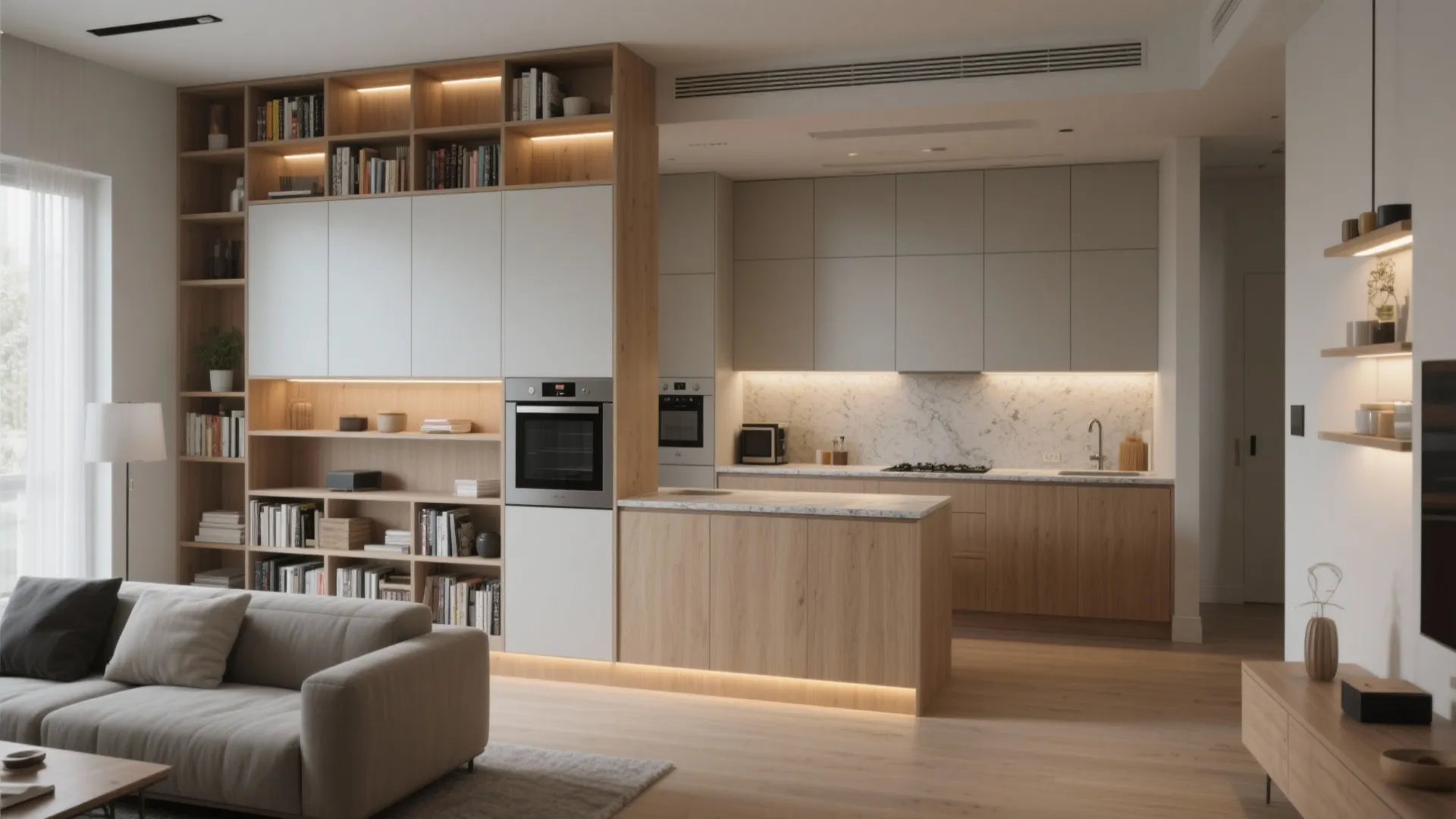Open plan living room and kitchen area with wooden cabinets bookshelves grey sofa and lighting