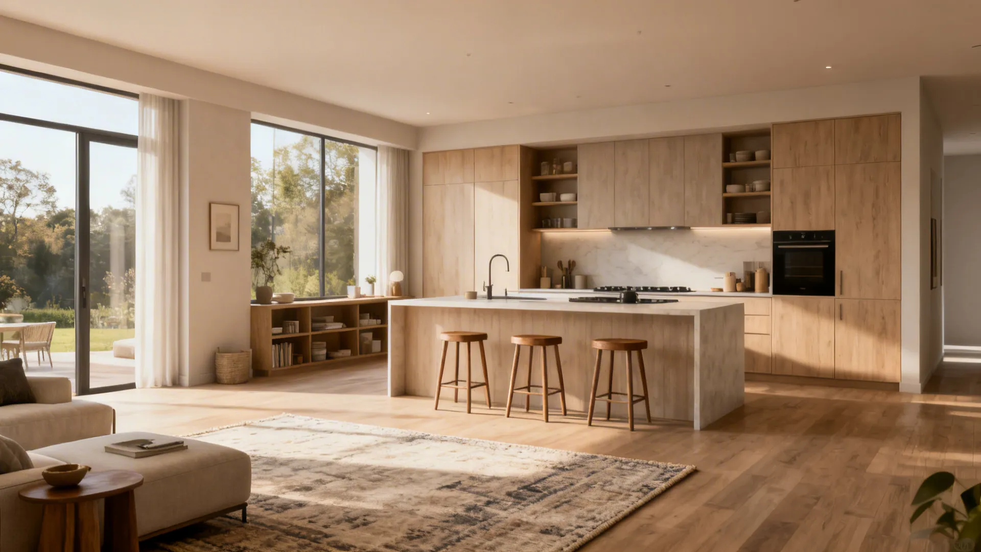 Open-plan kitchen and living area with island seating and defined living zone for smooth circulation