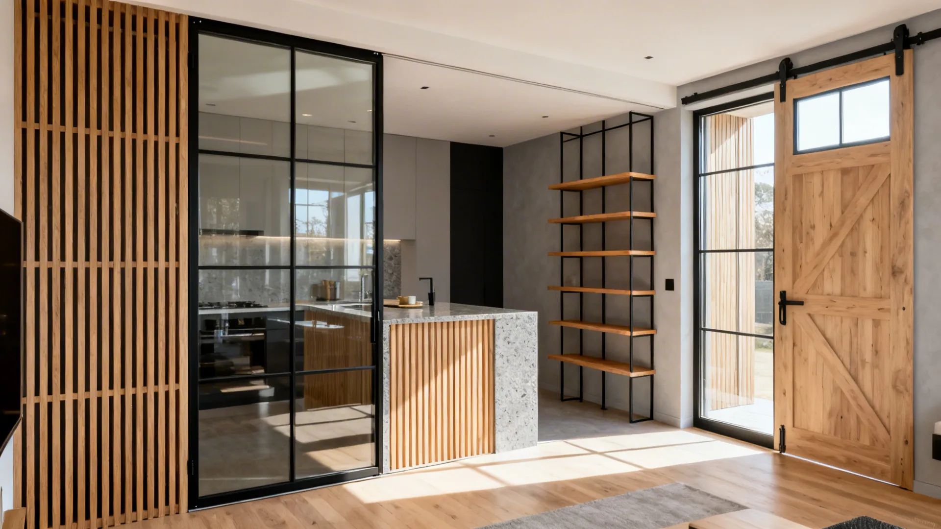 Modern kitchen living room featuring glass sliding door wooden barn door and wood slat island