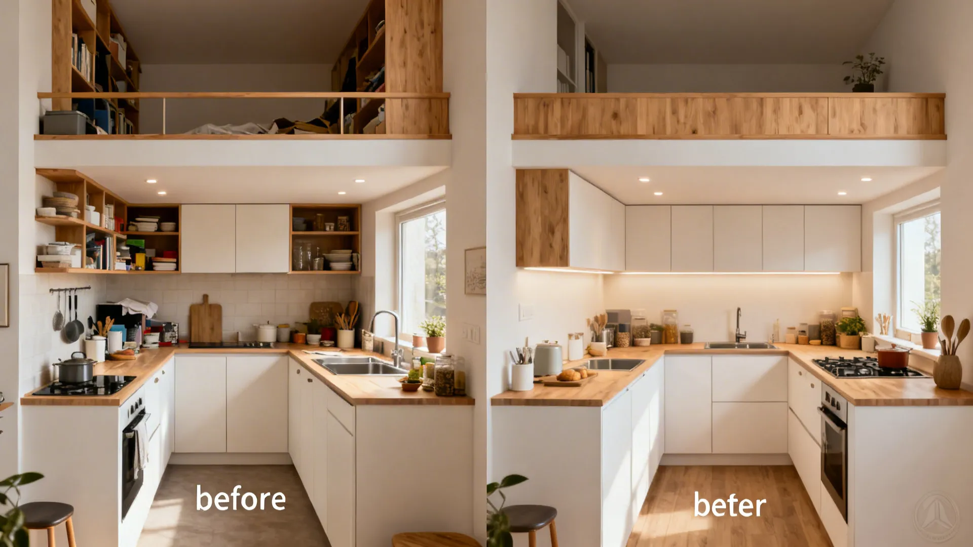 Before-and-after view showing a cluttered kitchen transformed with a seamless loft and better lighting.