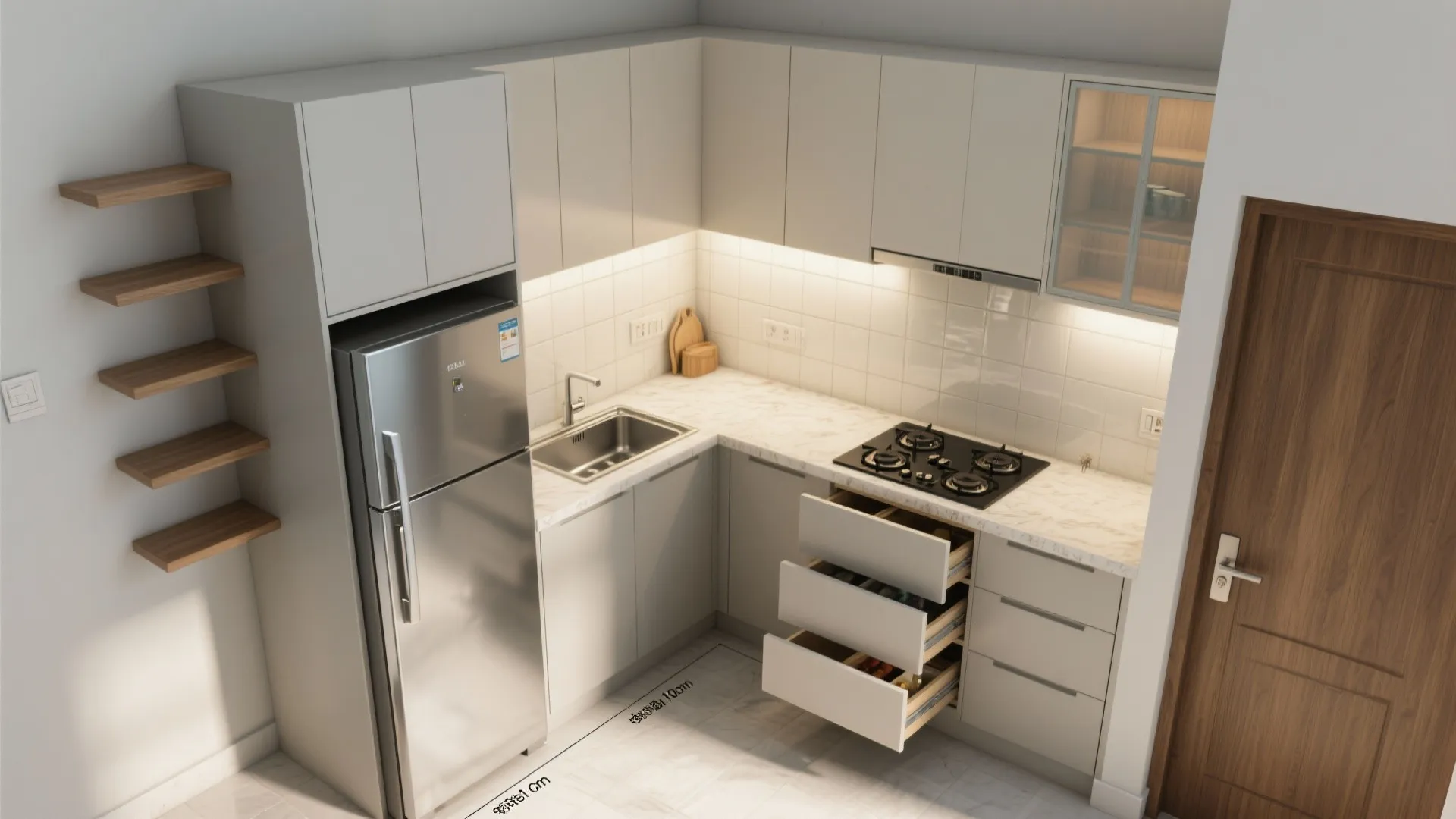 Compact kitchen planning: L-shape or galley with a bright, wipe-clean finish
