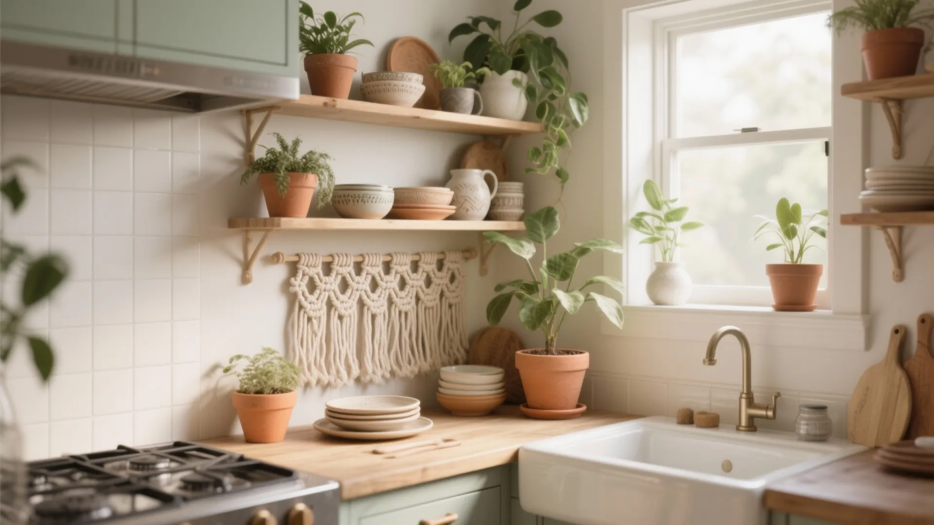 Kitchen interior with wooden shelves green cabinets white sink potted plants and small woven decoration