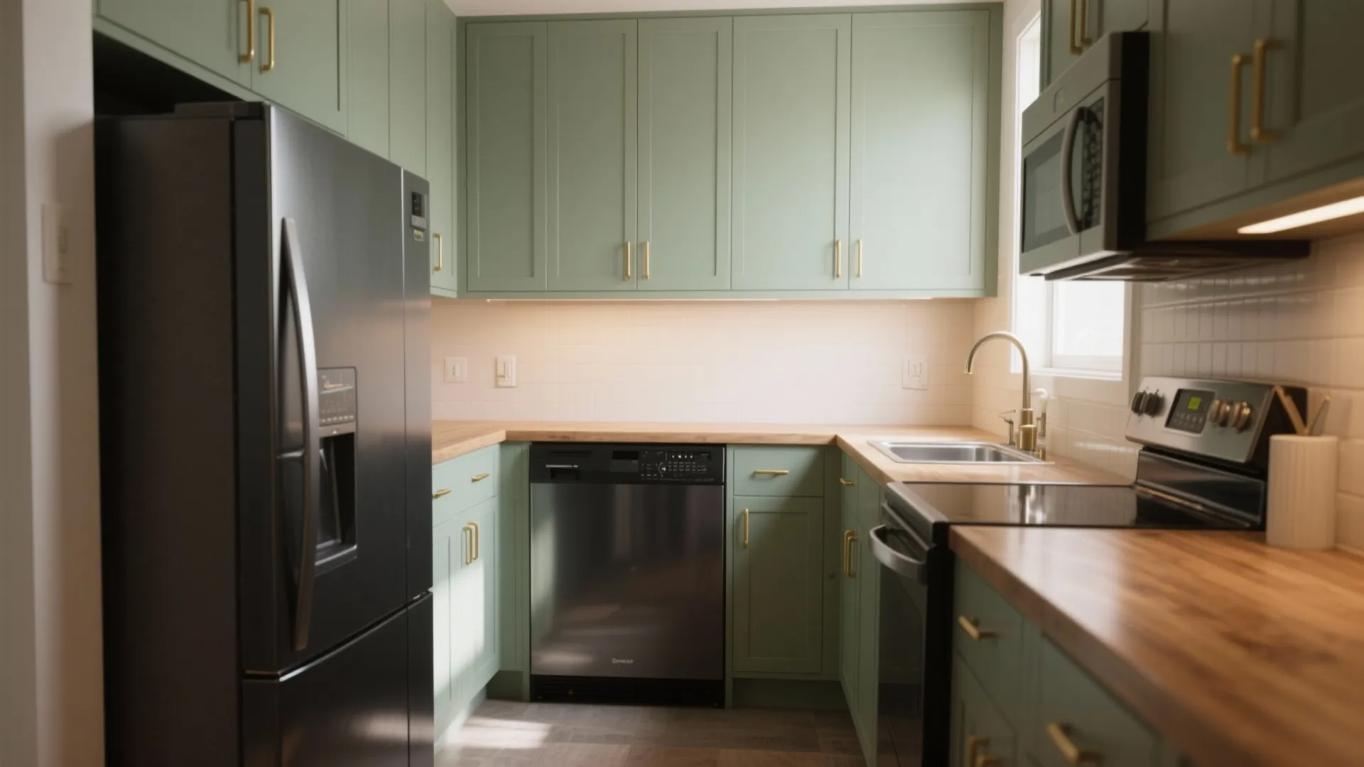 Modern kitchen with green cabinets wood countertop black fridge dishwasher oven and clean white walls