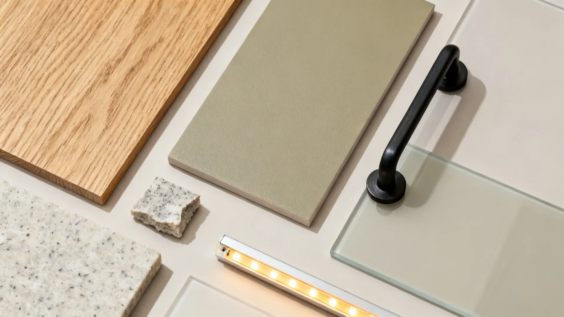 Flat lay of rift-cut oak, matte greige laminate, quartz, black hardware, and warm LED samples.