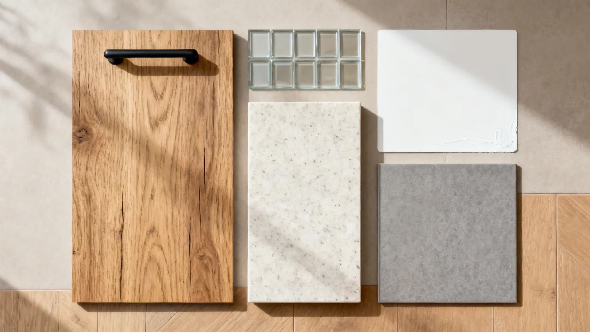 Flatlay of oak veneer, matte black pull, satin glass, light quartz, white paint, and gray tile