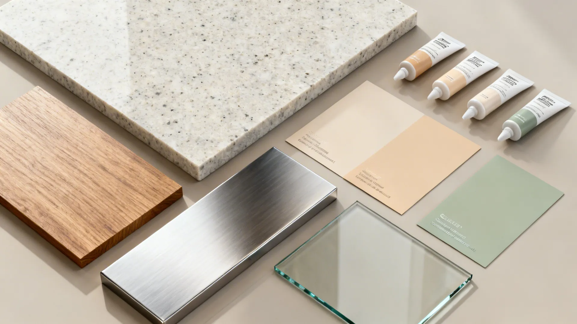 Flat lay of quartz, sintered stone, wood veneer, stainless steel, and glass for a balanced kitchen