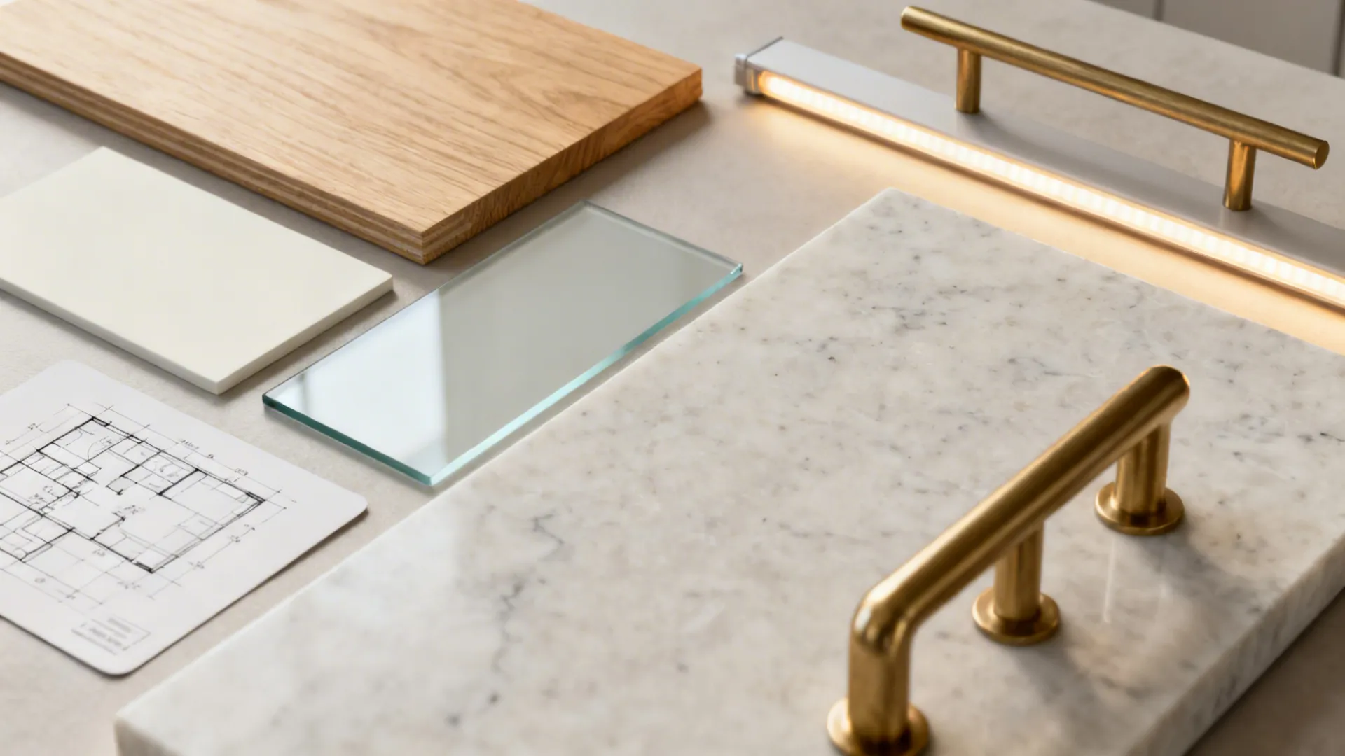Flat lay of oak veneer, satin paint, glass backsplash, matte quartz, brass hardware, and warm LED strip.