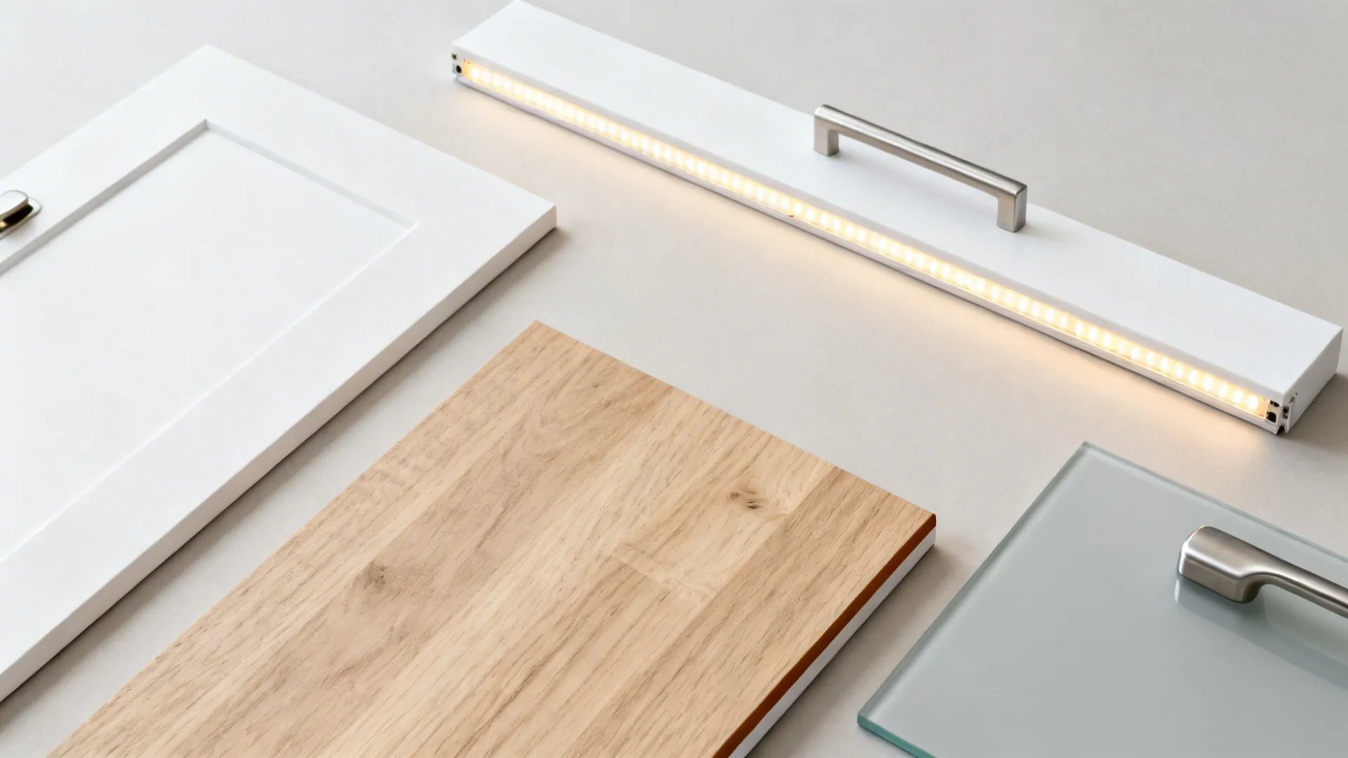 Flat lay of matte white, light oak, gray glass, slim worktop, and brushed metal samples.