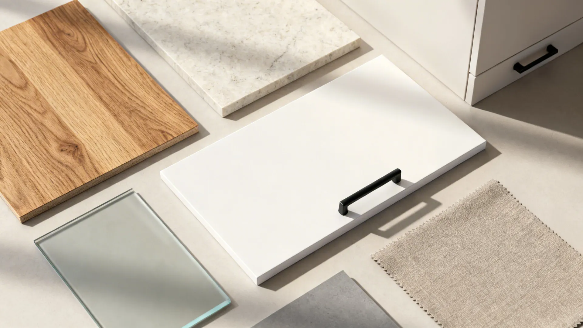 Flat lay of oak veneer, honed quartzite, warm white lacquer, and hardware for a calm kitchen palette.